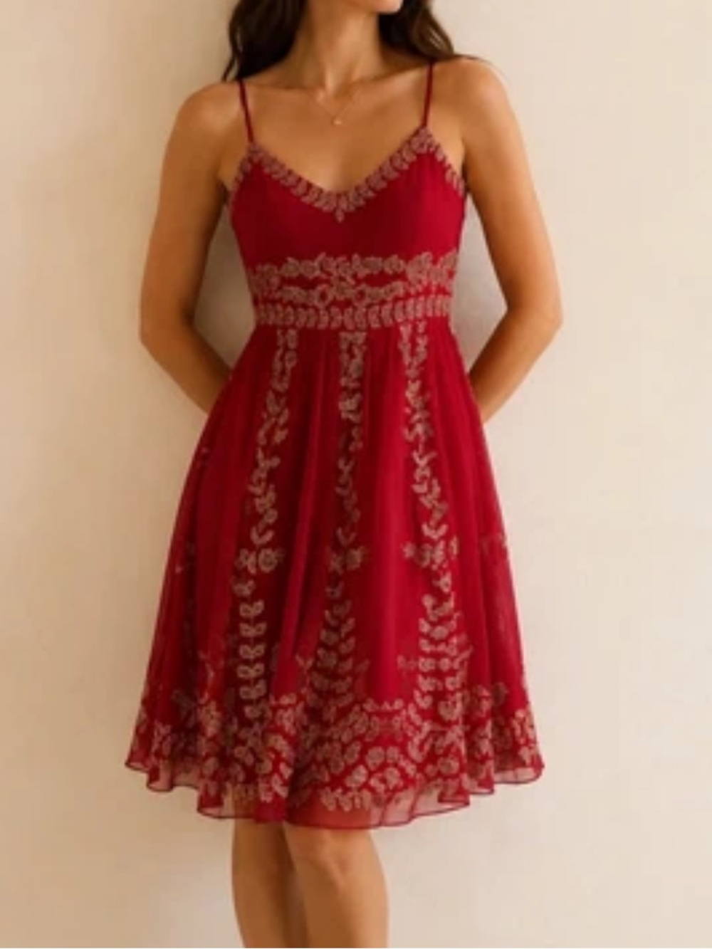 Adrianna Papell Red Embroidered A-Line Cocktail Skirt (Sz 4 petite)
